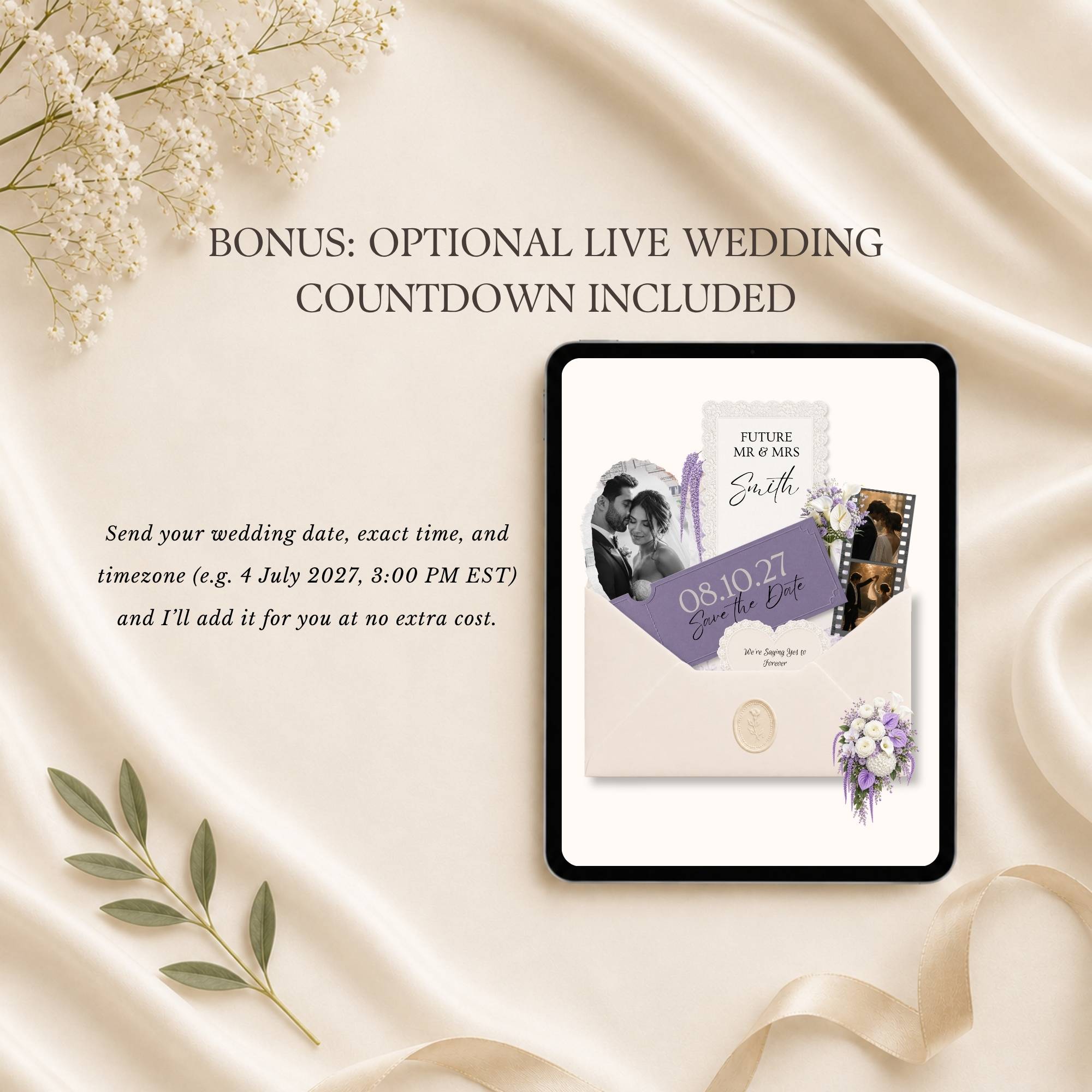 Responsive Purple wedding website displayed on mobile device