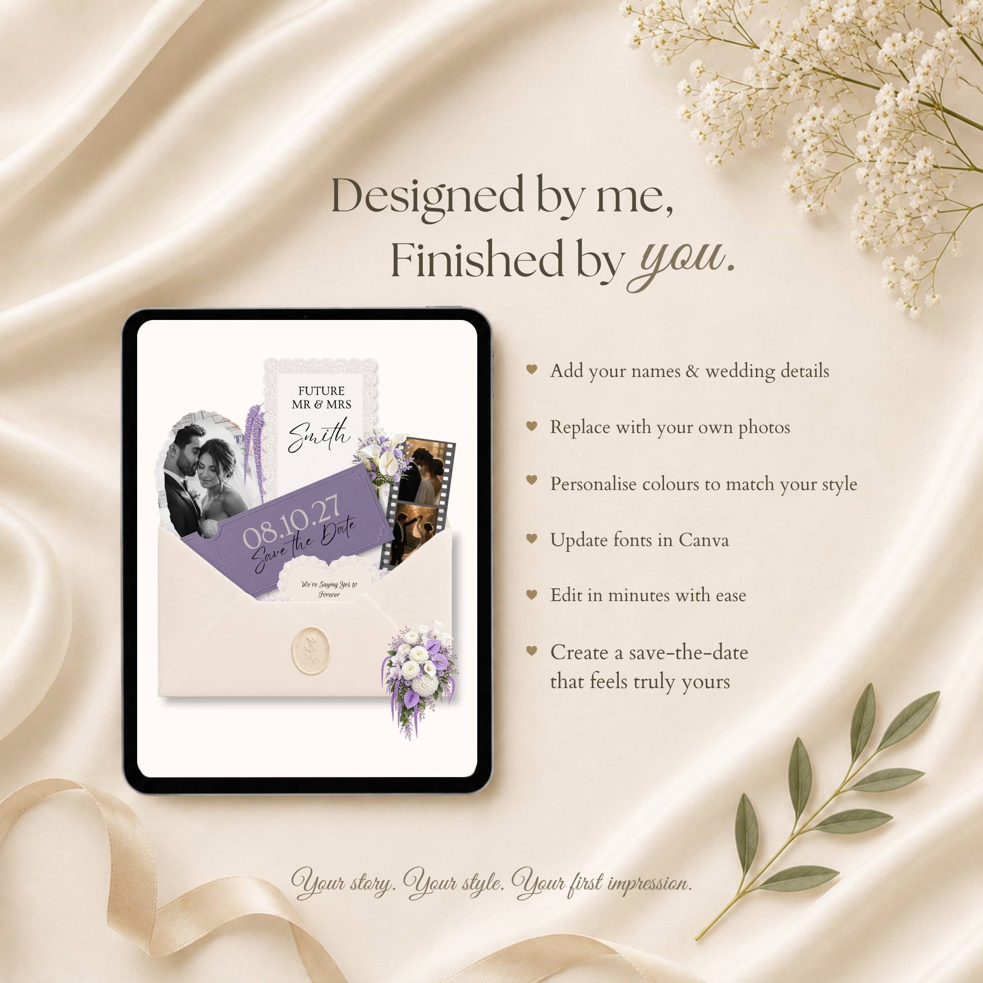 Purple wedding RSVP website editable in Canva
