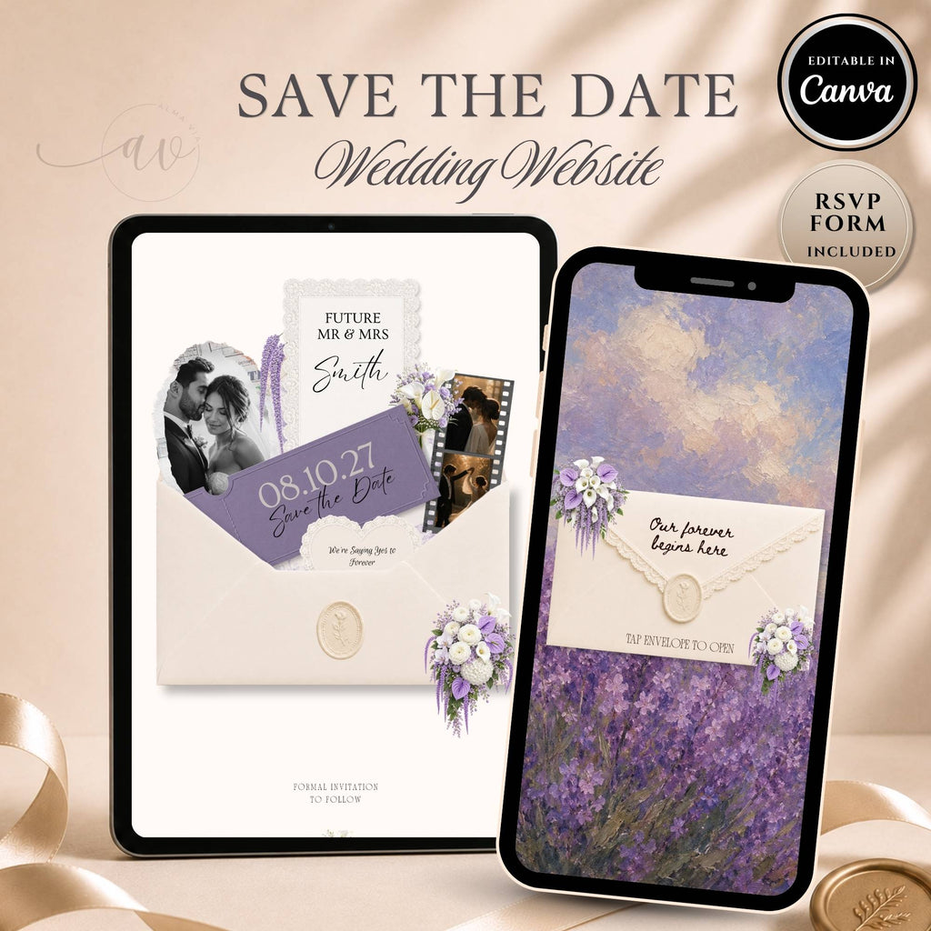 Purple Save The Date Wedding Website template with RSVP and editable Canva design