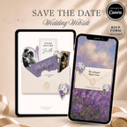 Purple Save The Date Wedding Website template with RSVP and editable Canva design