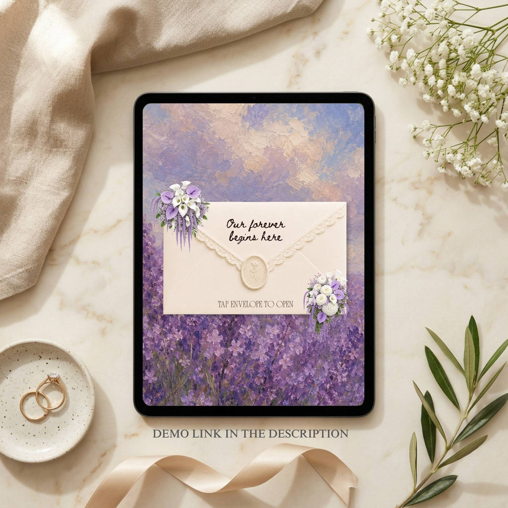 Purple digital wedding announcement website with RSVP form