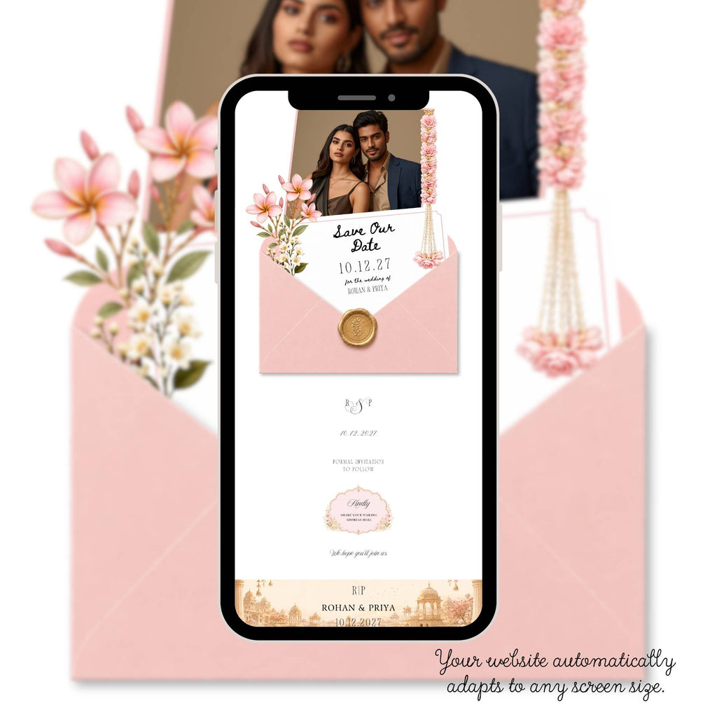 Interactive envelope opening page for a Royal Rajasthani save the date wedding website
