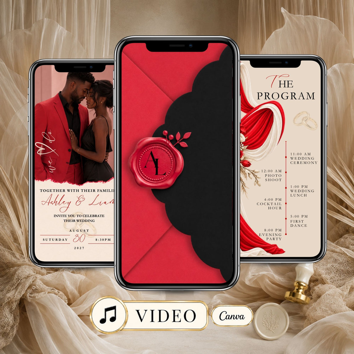 Red wedding video invitation template featuring a burgundy envelope with wax seal, romantic couple photograph, and wedding programme.