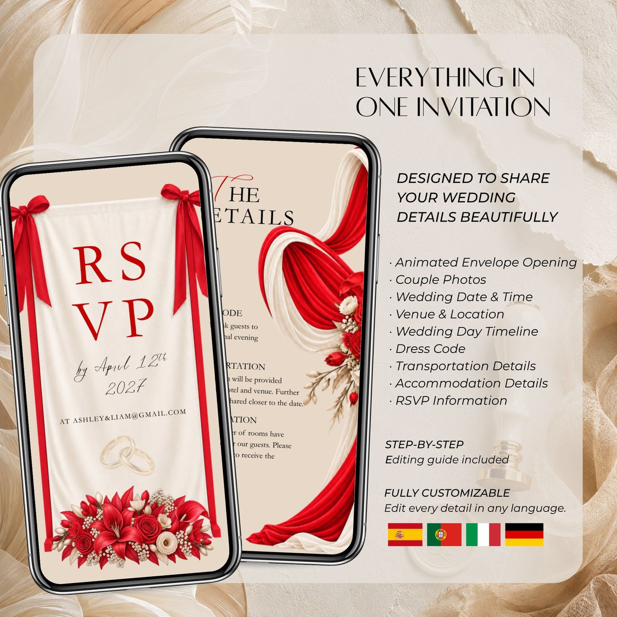 Overview of the red wedding video invitation featuring wedding programme, RSVP information, animated transitions, and editable Canva design elements.