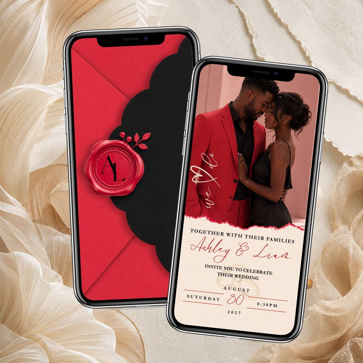 Elegant red wedding video invitation featuring a burgundy envelope with black decorative flap, personalized wax seal, and romantic couple photo.