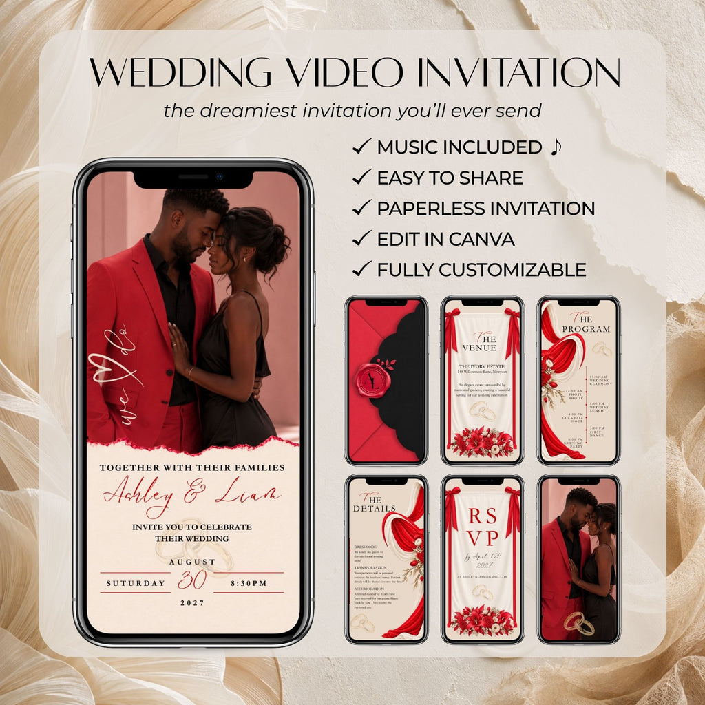 Editable Canva wedding video invitation featuring romantic red details, animated envelope, music, and customizable wedding information.