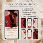 Editable Canva wedding video invitation featuring romantic red details, animated envelope, music, and customizable wedding information.