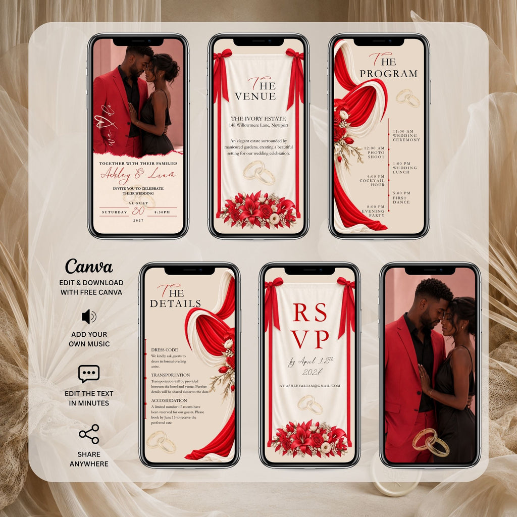 Red and burgundy animated wedding invitation showing envelope opening, couple photographs, wedding programme, floral decorations, and RSVP slides.