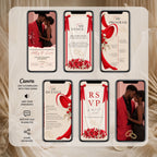 Red and burgundy animated wedding invitation showing envelope opening, couple photographs, wedding programme, floral decorations, and RSVP slides.
