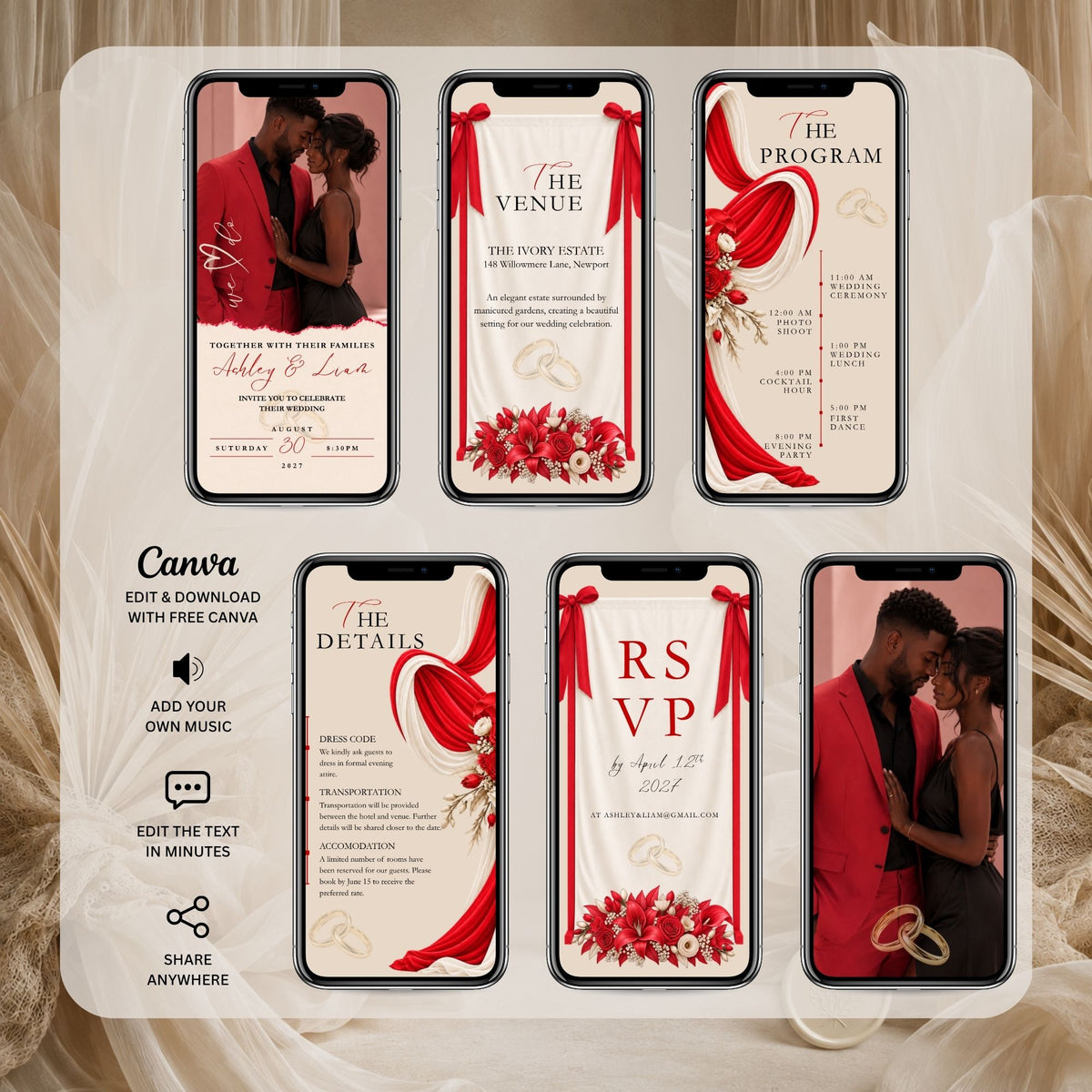 Red and burgundy animated wedding invitation showing envelope opening, couple photographs, wedding programme, floral decorations, and RSVP slides.