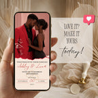 Romantic red wedding video invitation displayed on a smartphone, featuring a couple photograph and elegant wedding announcement details.