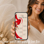 Bride holding a phone displaying the wedding programme slide of a red Canva wedding video invitation with elegant ribbons and floral decorations.