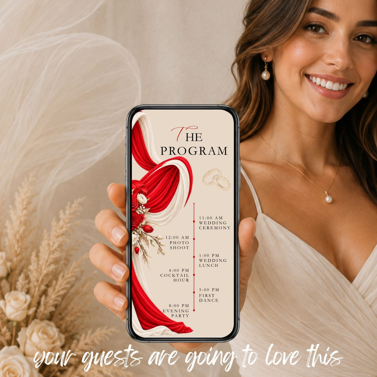 Bride holding a phone displaying the wedding programme slide of a red Canva wedding video invitation with elegant ribbons and floral decorations.