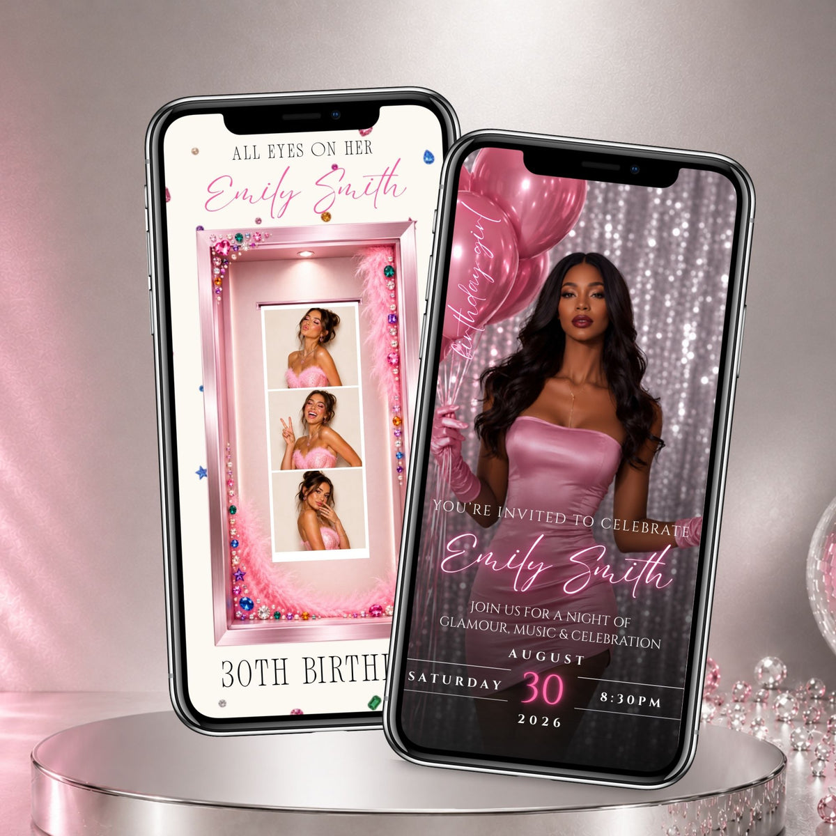 Rhinestone photo booth birthday video preview displayed on two phones with a pink photo strip and glamorous birthday invitation.