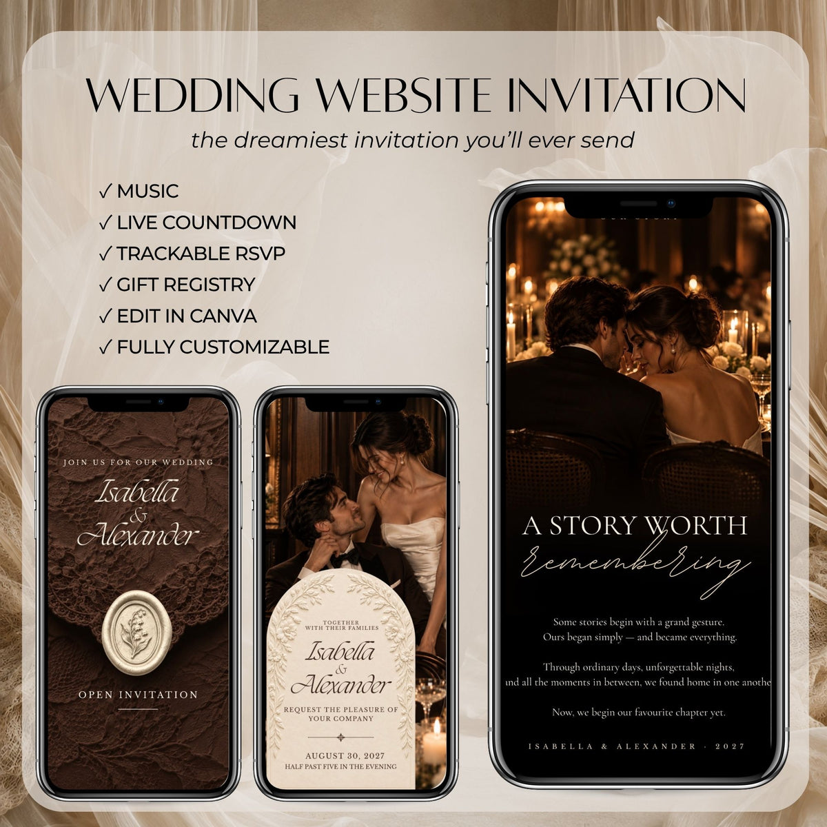 Romantic brown wedding website featuring interactive invitation pages, candlelit couple photography and digital wedding details.