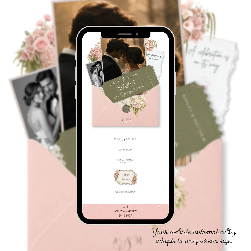 Digital save the date wedding website with blush florals and elegant stationery styling