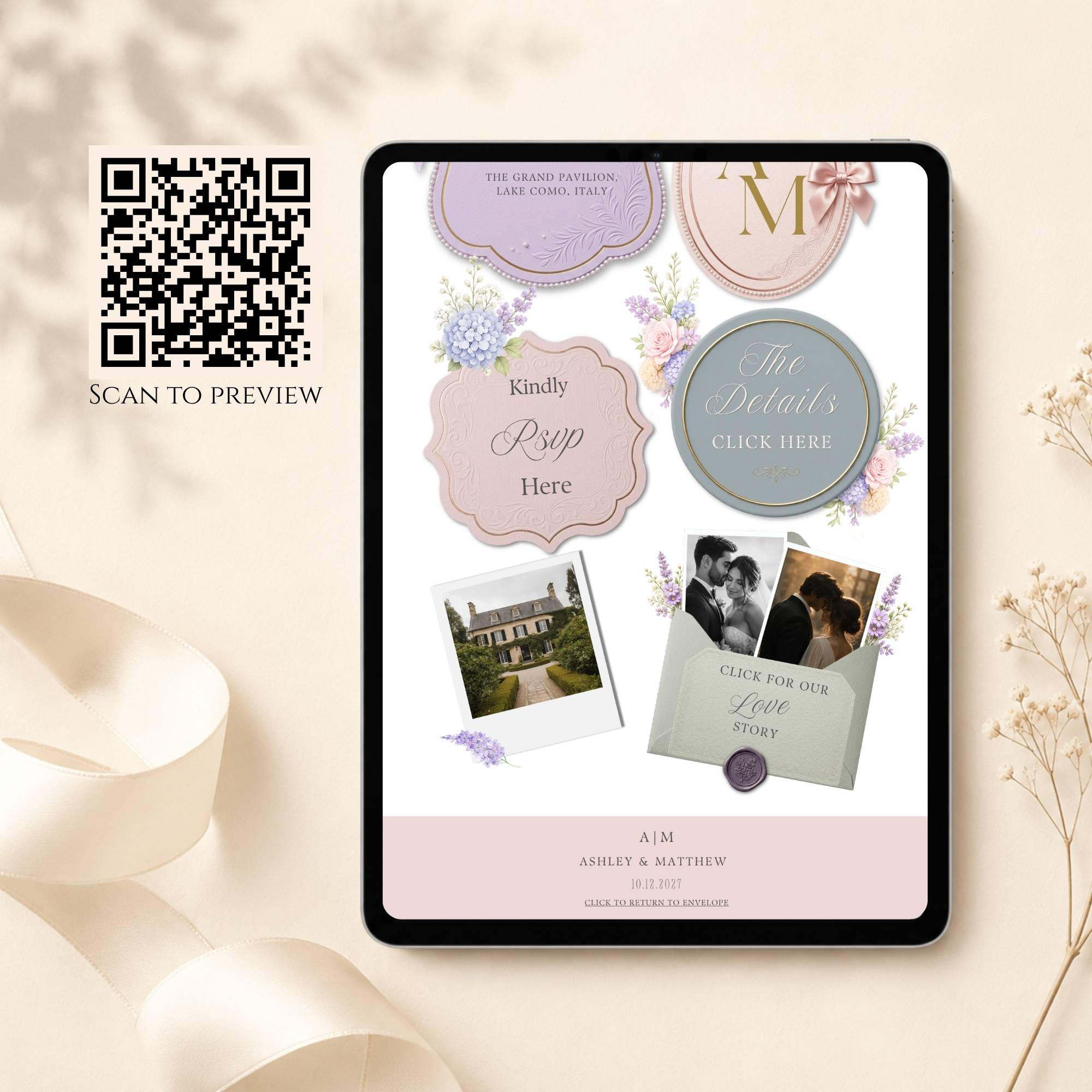Romantic floral wedding website homepage template editable in Canva