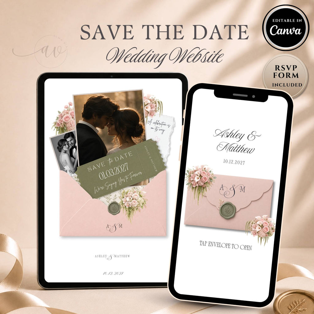 Romantic save the date wedding website with blush pink envelope and sage green details