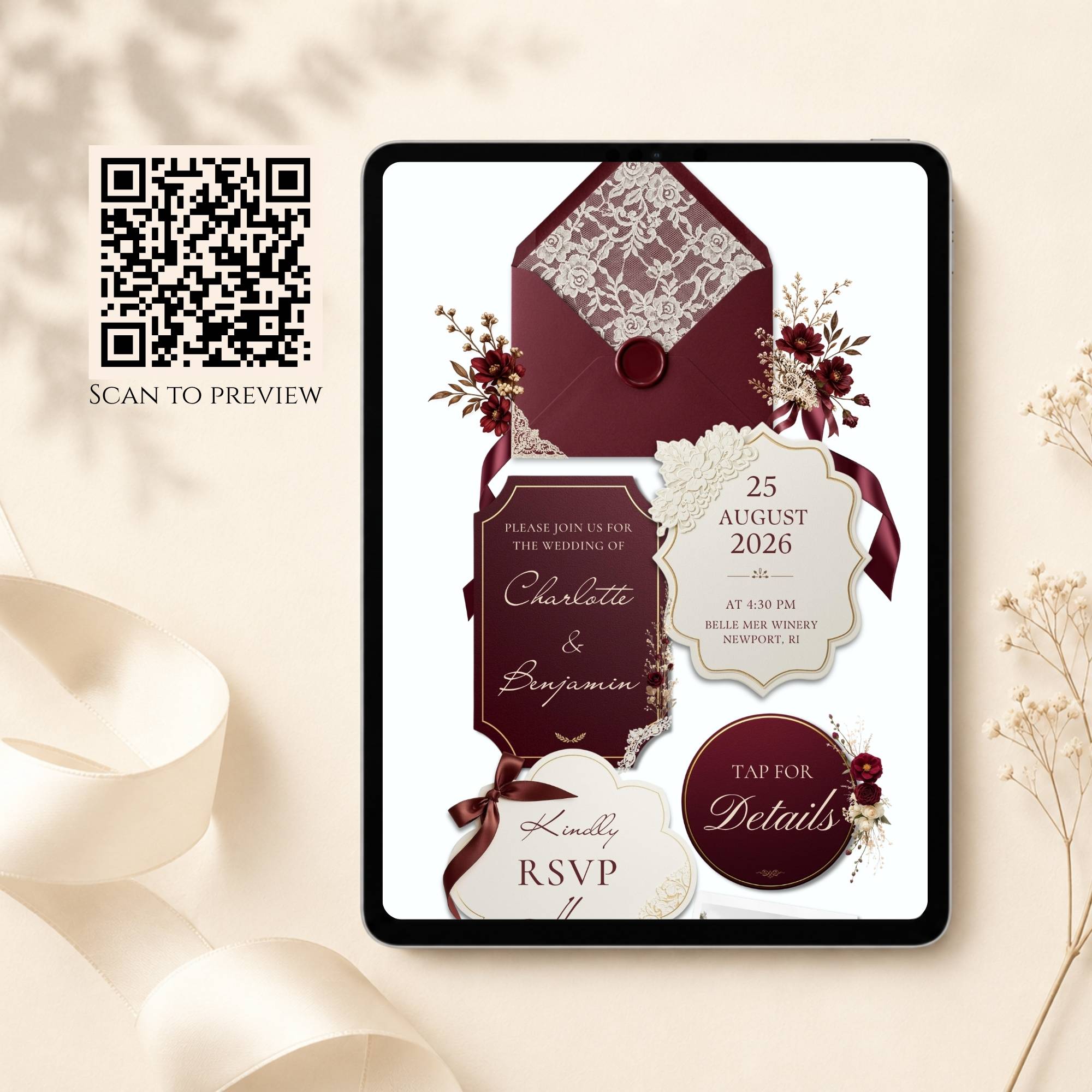 Romantic vintage wedding website homepage editable in Canva