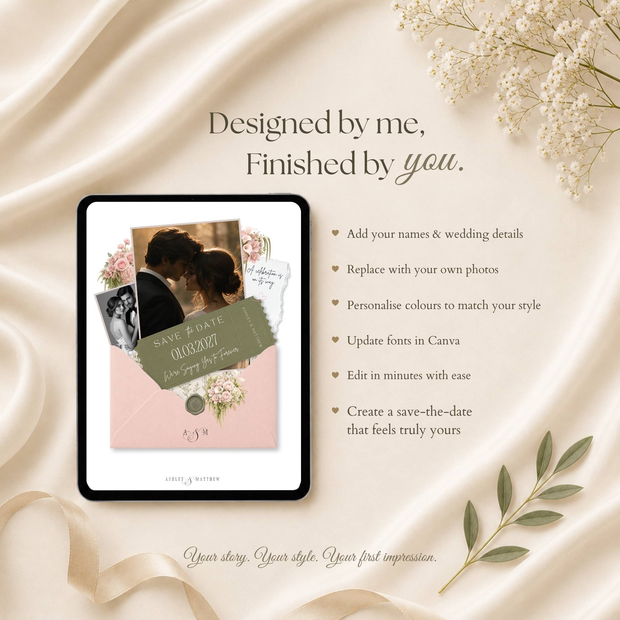 Floral save the date wedding website with editable RSVP form