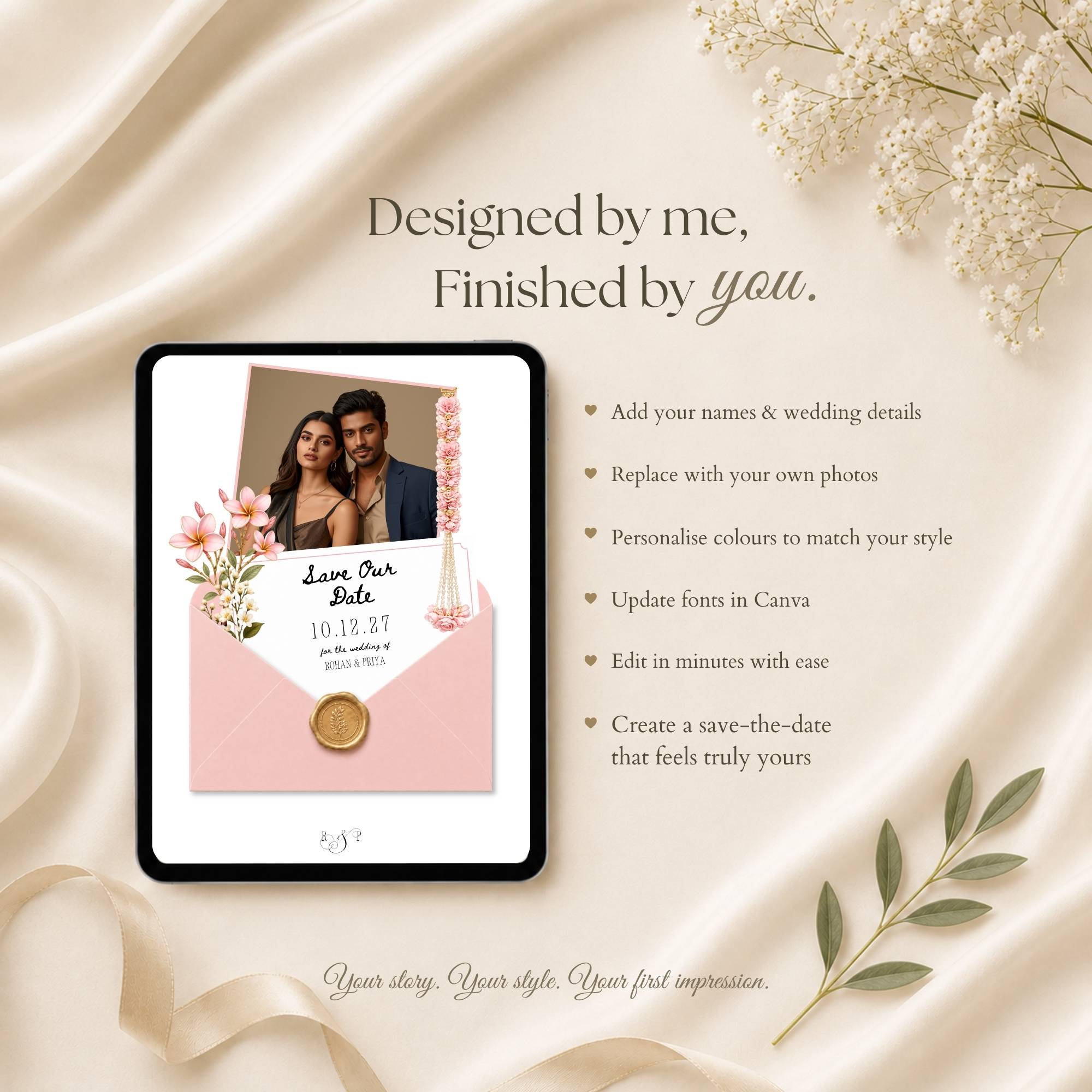 Palace-inspired wedding website template with editable photos and wedding details