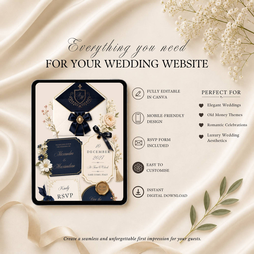 Royal navy and cream wedding website template with luxury wedding stationery details