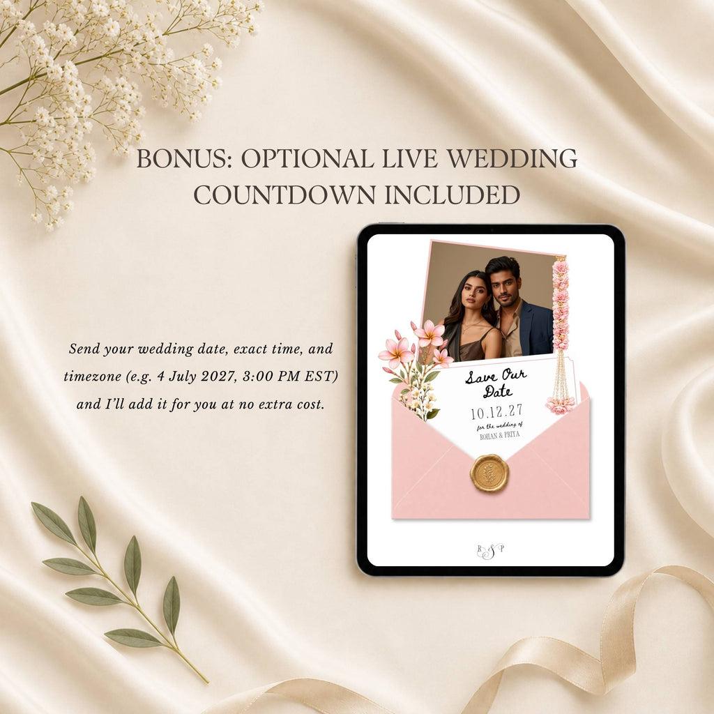 Royal Indian wedding save the date website featuring a custom love story section