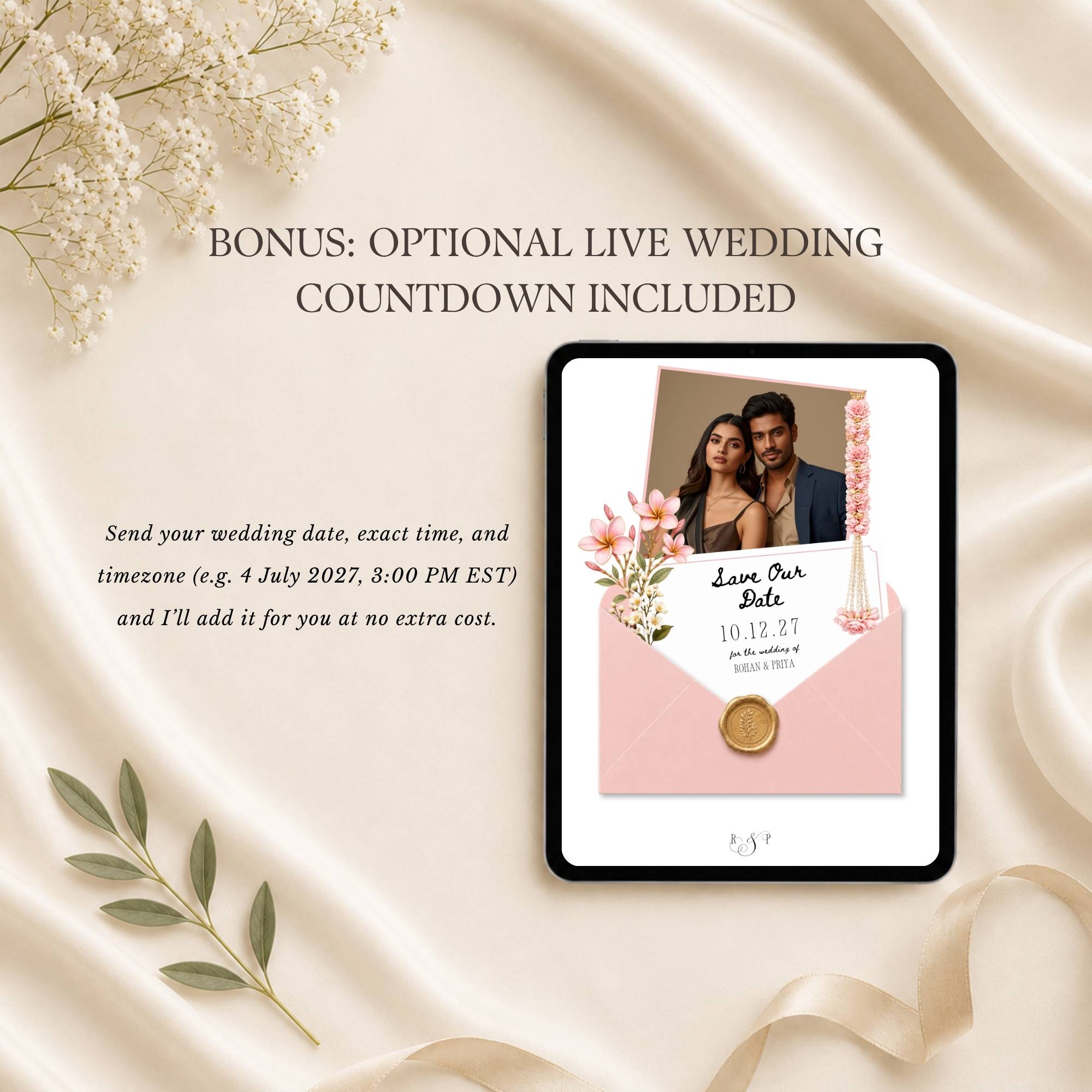 Royal Indian wedding save the date website featuring a custom love story section