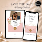 Royal Rajasthani save the date wedding website template with blush pink envelope and gold details