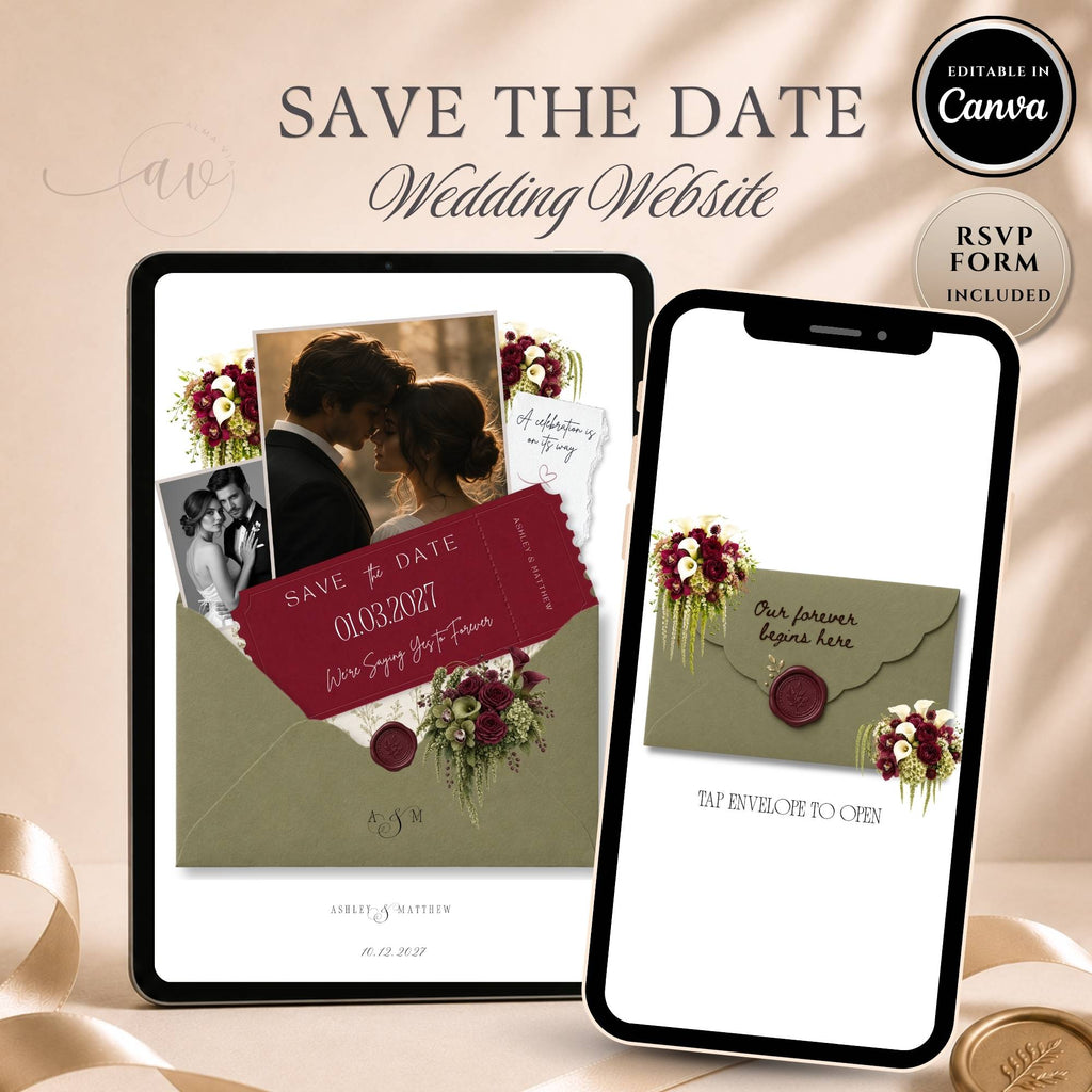 Sage Green Save The Date Wedding Website template displayed on tablet and mobile phone