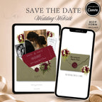 Sage Green Save The Date Wedding Website template displayed on tablet and mobile phone