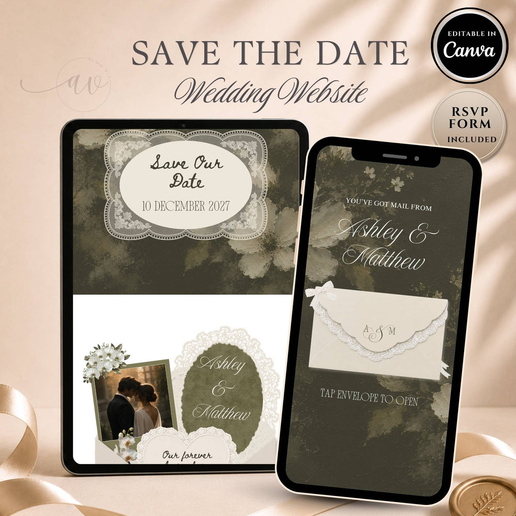 Sage green save the date wedding website with ivory lace details, interactive envelope opening design and RSVP form included.