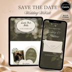 Sage green save the date wedding website with ivory lace details, interactive envelope opening design and RSVP form included.