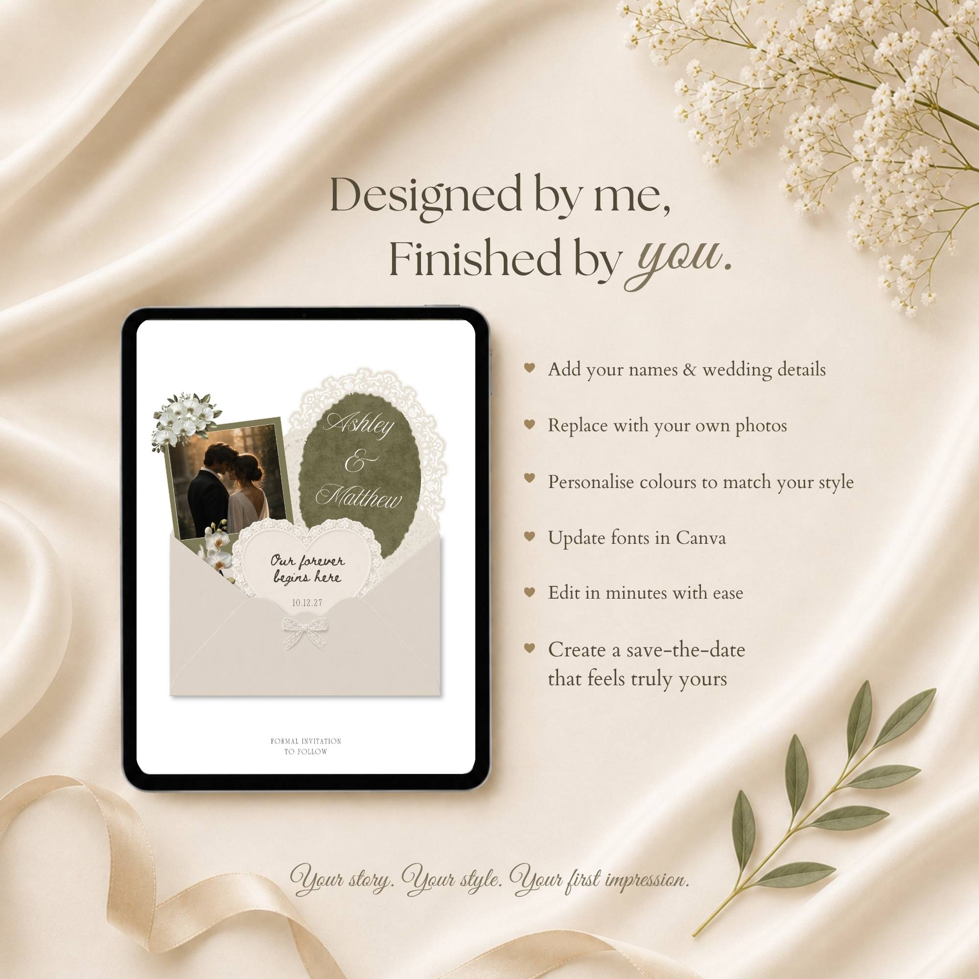 Interactive envelope opening save the date wedding website revealing personalised wedding details and photos.