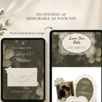 Editable sage green wedding website template showing customisable names, photos, fonts and wedding details.