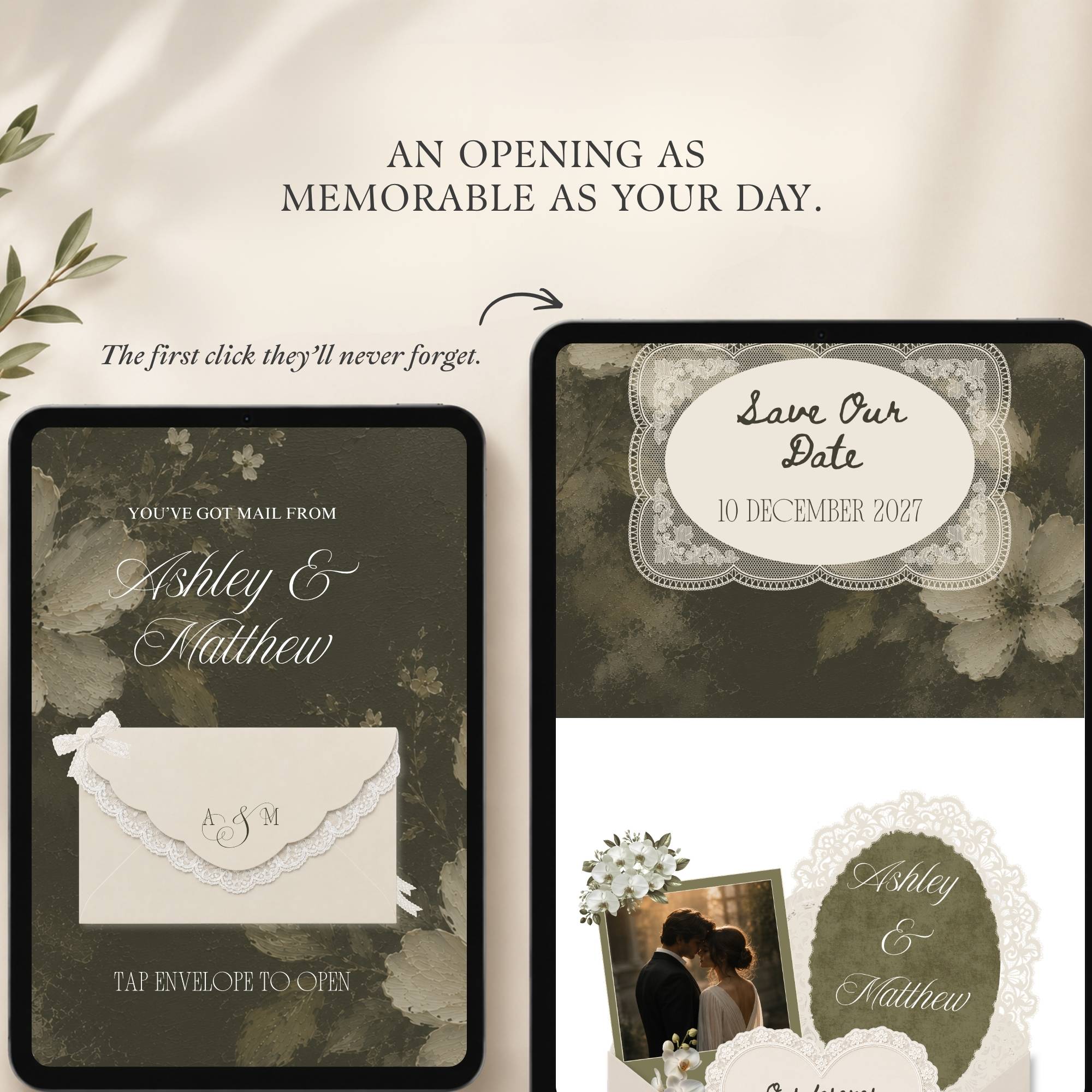 Editable sage green wedding website template showing customisable names, photos, fonts and wedding details.
