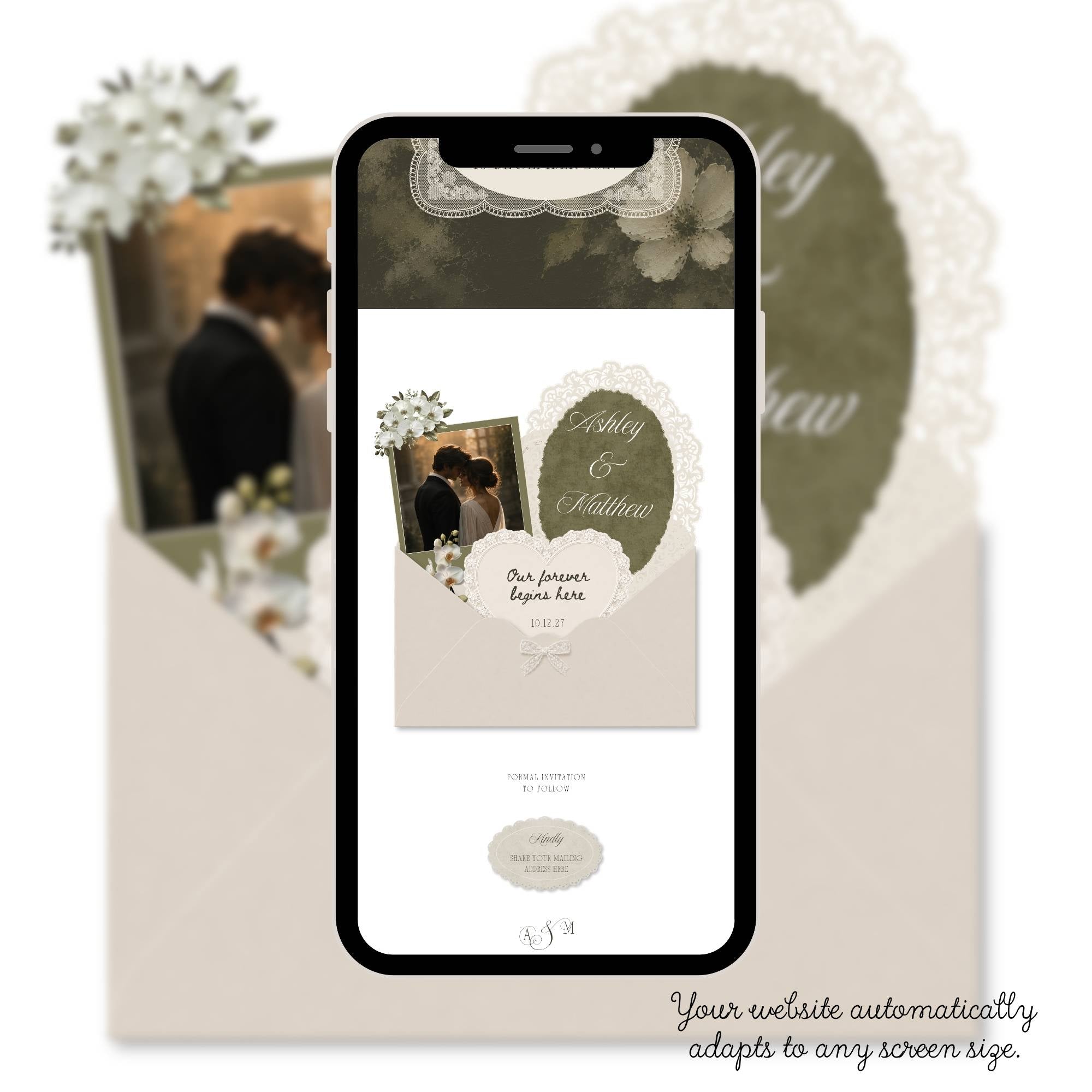 Sage green and ivory lace save the date wedding website displayed
