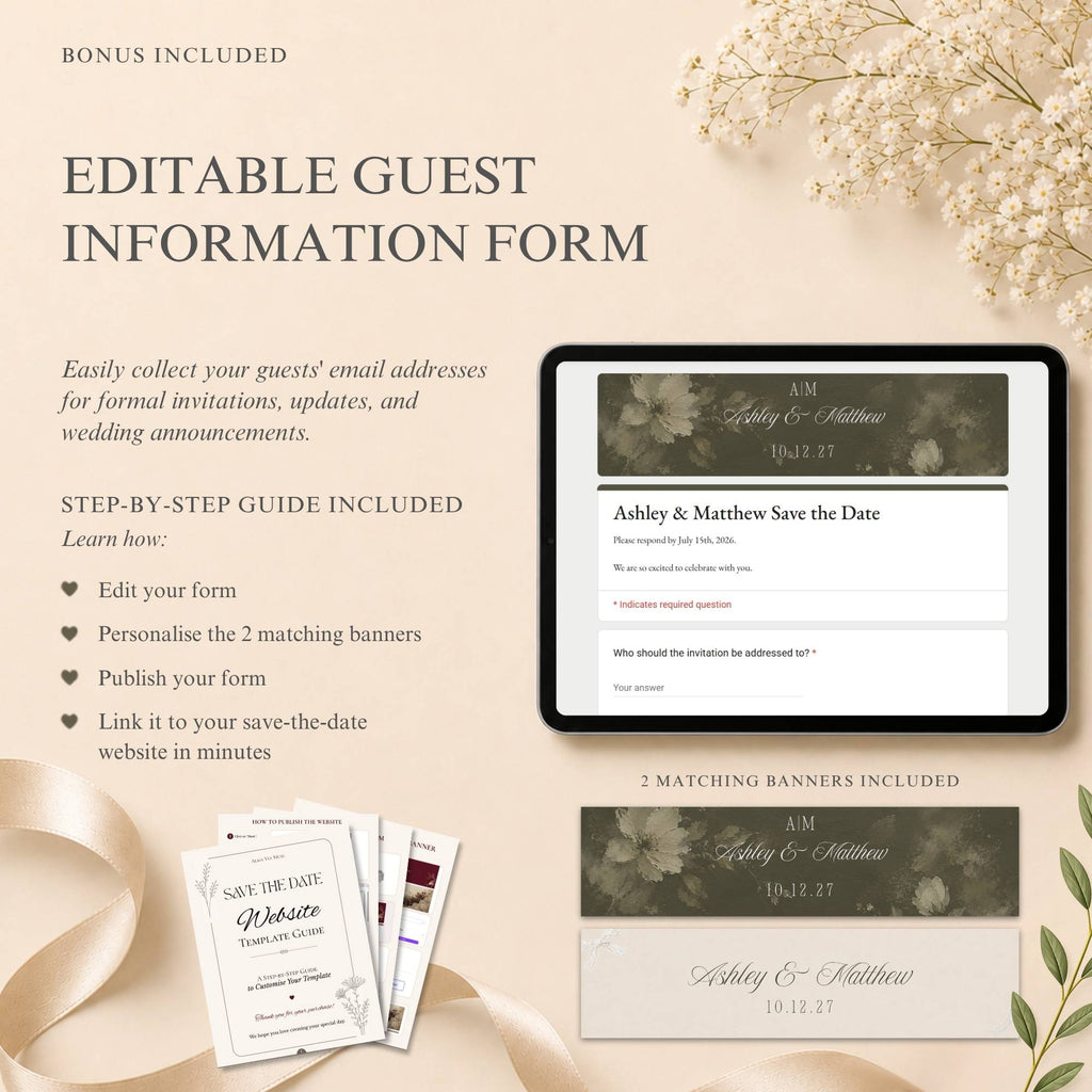 Editable guest information RSVP form matching the sage green and ivory wedding website design.