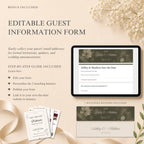 Editable guest information RSVP form matching the sage green and ivory wedding website design.