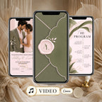 Sage green wedding video invitation featuring a botanical envelope with blush pink wax seal, romantic couple photograph, and wedding programme.
