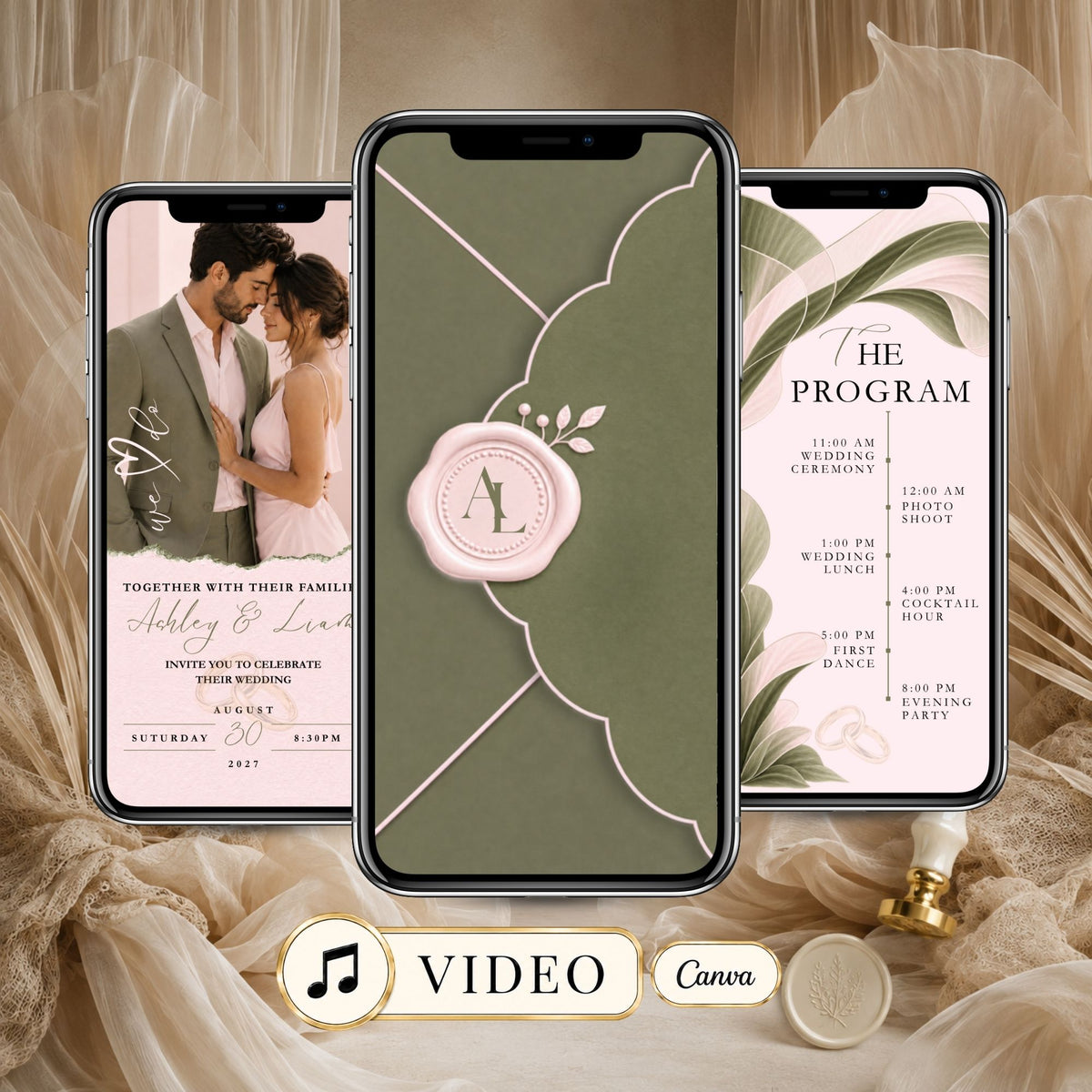 Sage green wedding video invitation featuring a botanical envelope with blush pink wax seal, romantic couple photograph, and wedding programme.