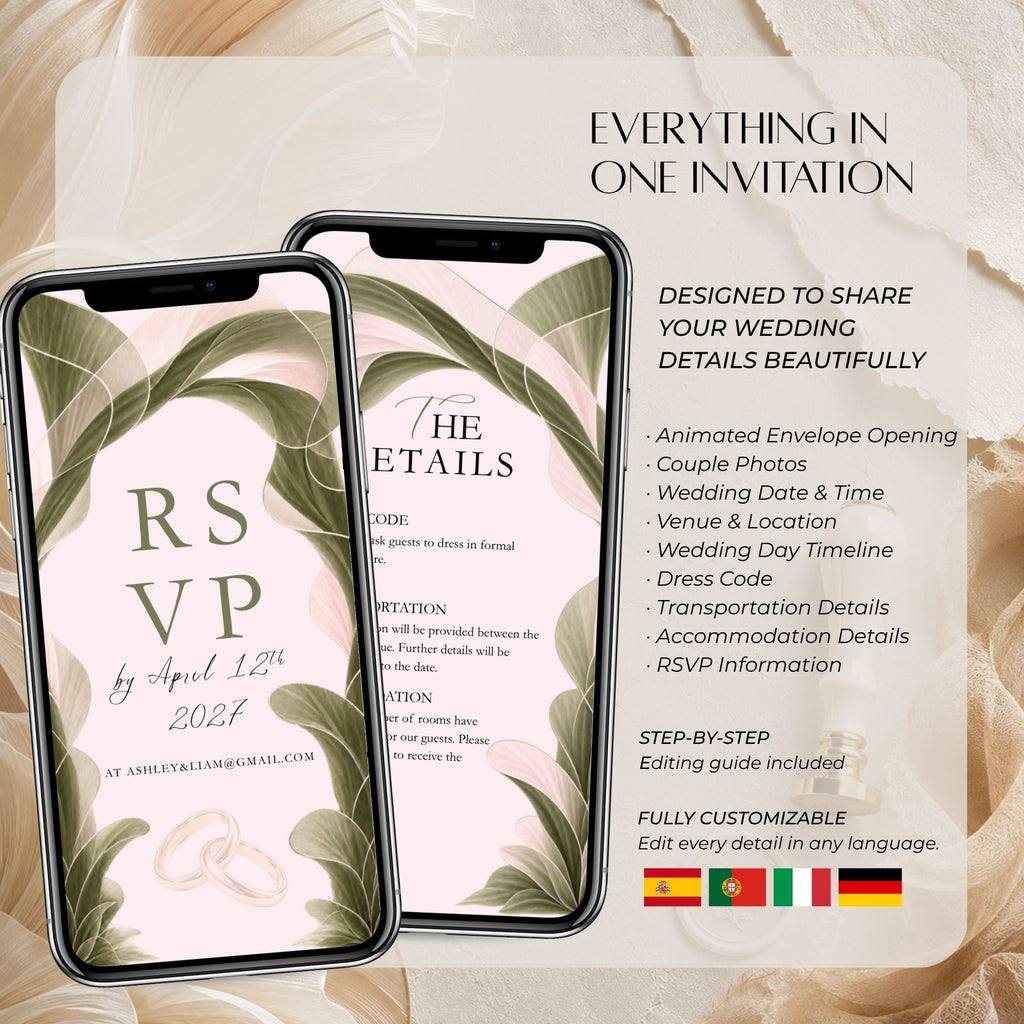 Overview of the sage green wedding video invitation featuring wedding programme, RSVP information, animated transitions, and editable botanical design elements.