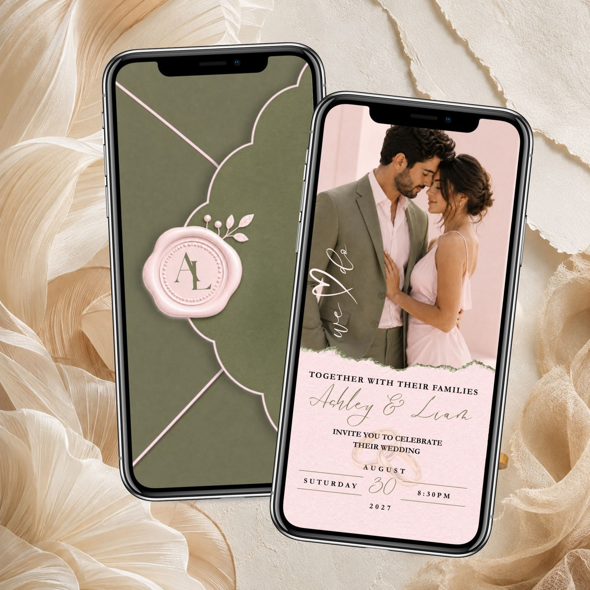 Elegant sage green wedding invitation video featuring a decorative envelope with blush pink wax seal and personalized wedding announcement.