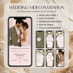 Editable Canva sage green wedding video invitation featuring animated envelope opening, background music, couple photographs, and customizable wedding details.