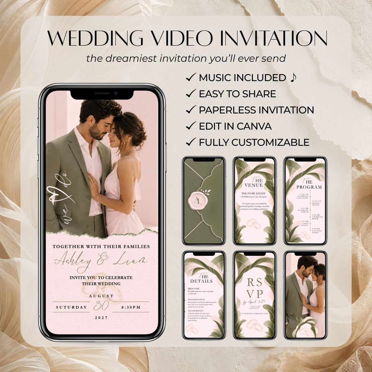 Editable Canva sage green wedding video invitation featuring animated envelope opening, background music, couple photographs, and customizable wedding details.