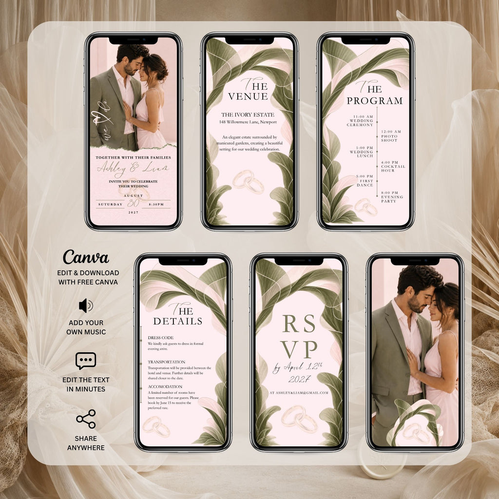 Sage green animated wedding invitation showing botanical envelope, wedding details, programme, RSVP slide, and romantic couple photographs.