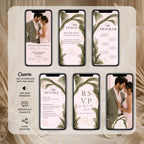 Sage green animated wedding invitation showing botanical envelope, wedding details, programme, RSVP slide, and romantic couple photographs.