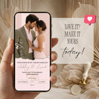 Romantic sage green and blush pink wedding video invitation displayed on a smartphone with a couple photograph and elegant wedding announcement.