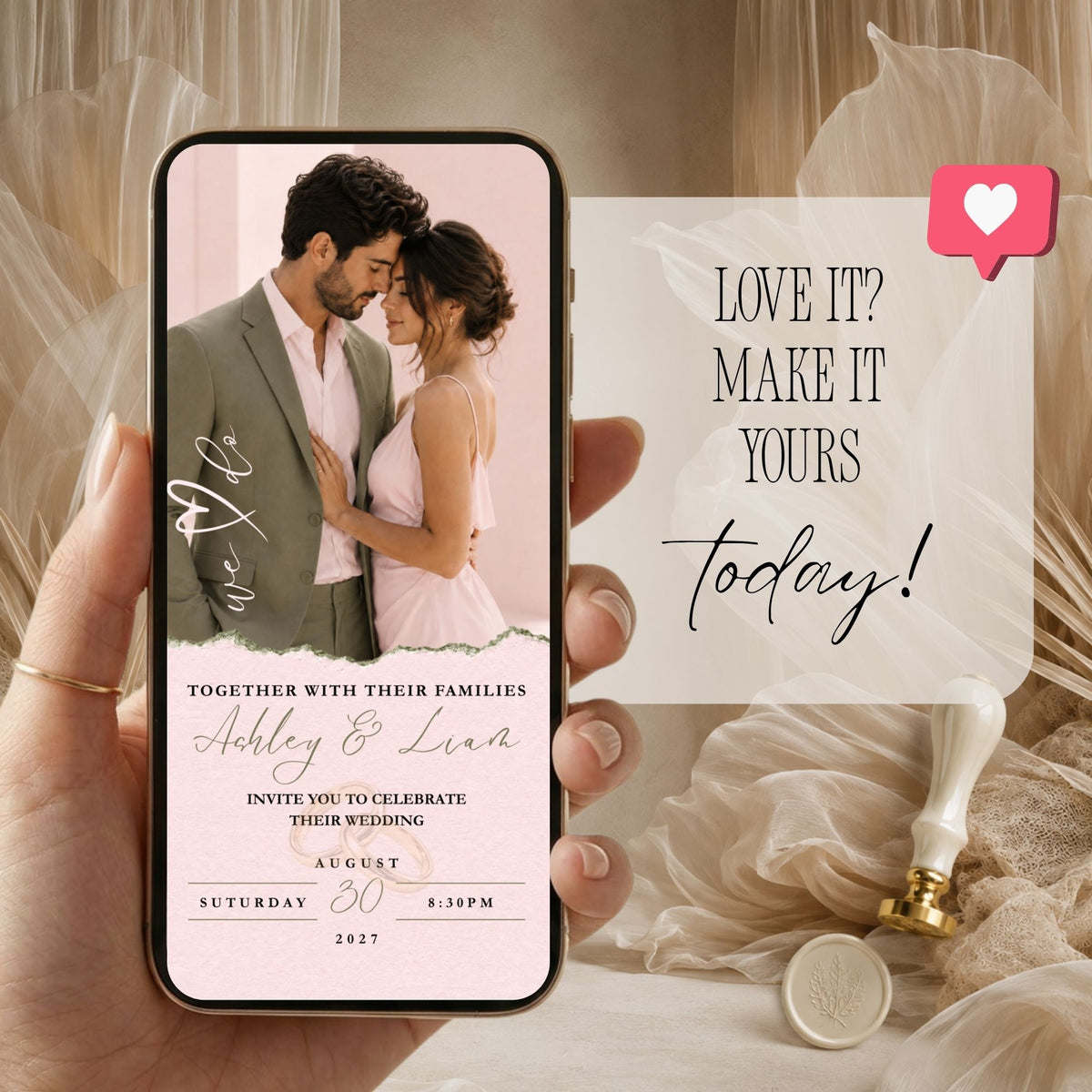 Romantic sage green and blush pink wedding video invitation displayed on a smartphone with a couple photograph and elegant wedding announcement.