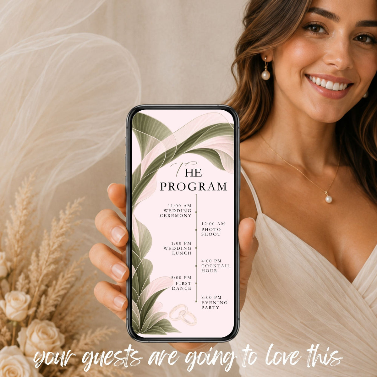 Bride holding a phone displaying the wedding programme slide of a sage green Canva wedding video invitation with botanical greenery details.